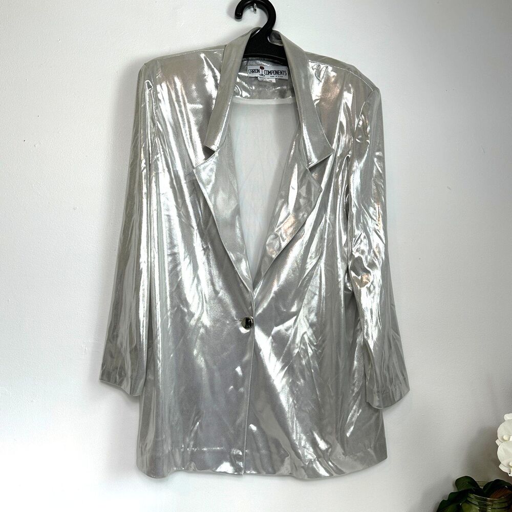 Vintage 80's Caron Components Shinny Silver Vegan Long Blazer Size L Made In USA